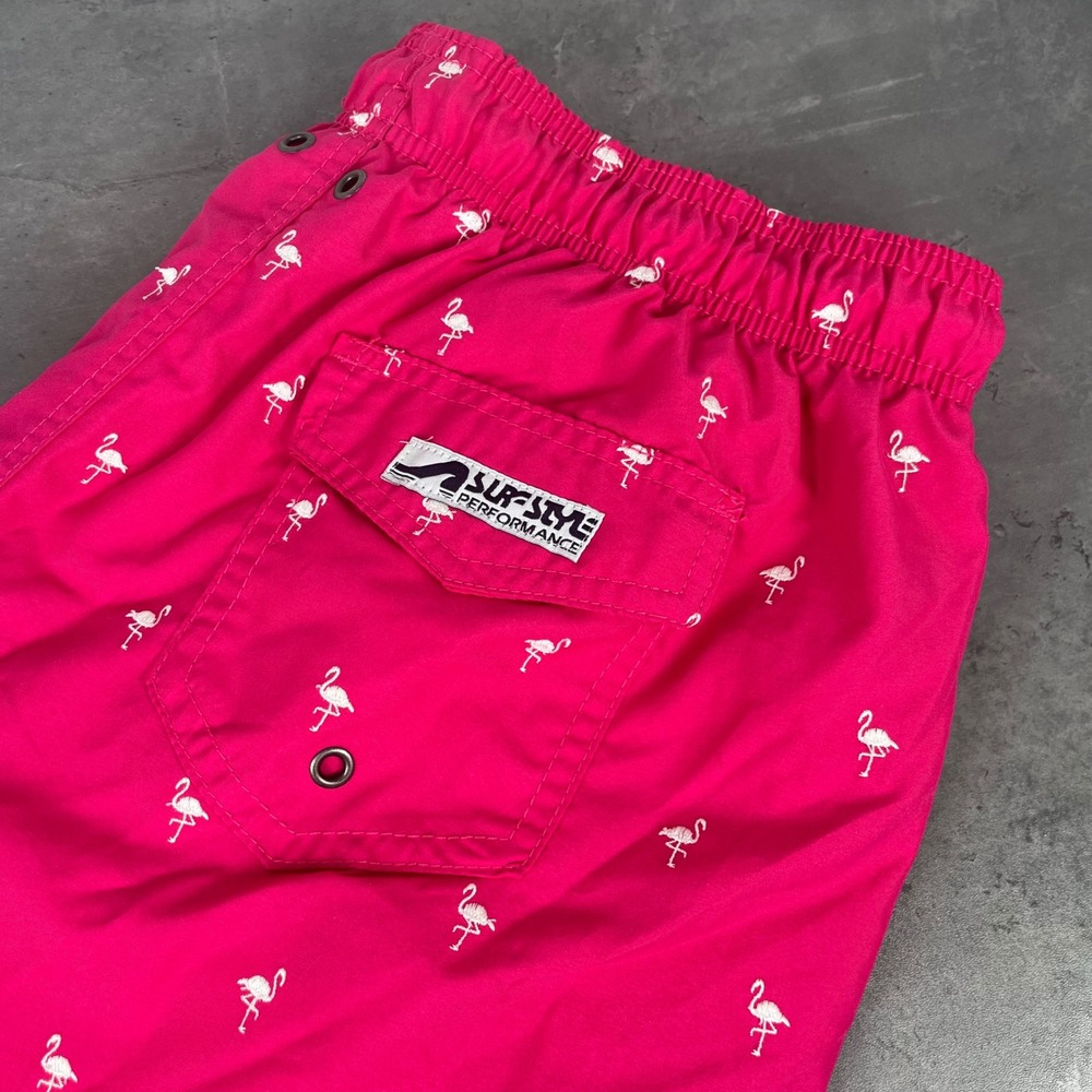 Performance Men's XL Surf Style Swim Shorts Trunks with Stitched Flamingo Design